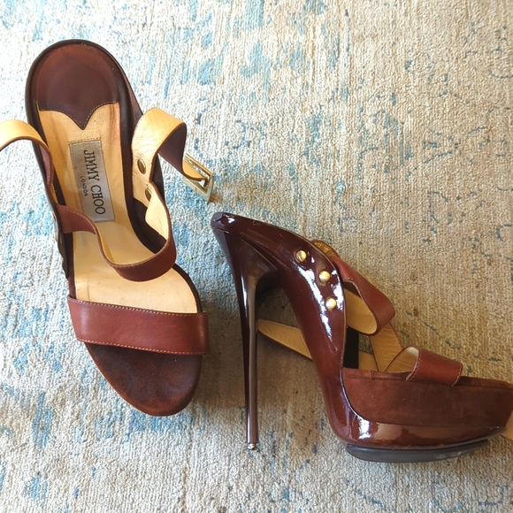 Jimmy Choo Brown Leather And Suede 'Halley' Platform Sandals Size 38.5 - Picture 3 of 5